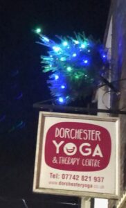 Yoga centre sign at night with christmas tree